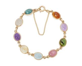18
A Multicolored Colored Stone And Gold Bracelet, Tiffany & Co.
Designed with 9 oval-shaped cabochon colored stones, including amethyst, tourmaline, citrine, rock crystal, and rose quartz weighing approximately 31.50 carats, set in 14K gold, signed Tiffany & Co.
10.90 grams
7 1/4" L
Estimate: $400 - $600