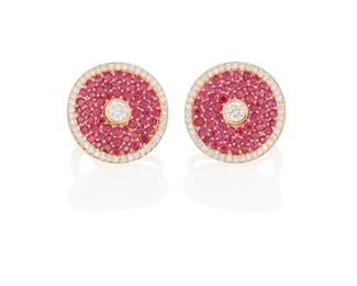 221
A Pair Of Ruby And Diamond Earrings
Centering 2 round brilliant-cut diamonds weighing .40 carat, within a surround of 112 pavé-set circular-cut rubies weighing 2.80 carats, framed by a border of round brilliant-cut diamonds, set in 18K rose gold.
2 pieces
11.20 grams
5/8" Dia.
Estimate: $2,500 - $3,500