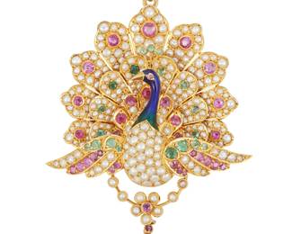 27
A Ruby, Emerald, Pearl, Enamel And Gold Pendant/Brooch
Designed as a peacock featuring 30 circular-cut rubies weighing a total of approximately 1.50 carats, 16 circular-cut emeralds weighing approximately .24 carat, and numerous seed pearls, suspending an oval-shaped pendant centering an oval-shaped ruby measuring approximately 6.14 x 4.50 x 3.04 mm and weighing approximately .67 carat, surrounded by seed pearls, further highlighted with blue and green enamel, in 18K yellow gold.
19.32 grams
2 1/4" H x 1 3/4" W
Estimate: $1,200 - $1,800
