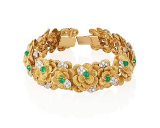 151
An Emerald, Diamond, Gold And Platinum Bracelet, French
The flexible link bracelet is designed as a series of flowers featuring emerald cabochon centers, interspersed with petals set with a total of 112 single-cut diamonds weighing a total of approximately 3.36 carats, in 18K gold and platinum, stamped with French gold and platinum marks and a workshop mark.
65.62 grams
7" L x 3/4" W
Estimate: $7,000 - $10,000