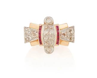 211
A Retro Diamond, Ruby And Gold Ring
Designed as a stylized bow featuring 16 old European-cut diamonds weighing approximately 1.90 carats, further highlighted by channel set rubies, set in 14K rose gold.
12.70 grams
Size: 5
Estimate: $1,000 - $2,000