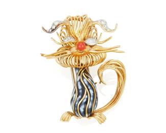77
A Diamond, Coral, Enamel And Gold Brooch
The brooch designed as a winking cat featuring a coral nose, highlighted with 14 round brilliant-cut diamonds and 1 marquise-shaped diamond weighing a total of approximately .60 carat, further enhanced by a black and white striped enamel body, in 18K gold.
28.50 grams
2" H x 1 1/2" W
Estimate: $1,000 - $1,500