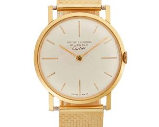 134
A Gold Wristwatch, Cartier
Ref: 66097, retailed by Spritzer & Fuhrmann
Dial: White with baton markers and hands, signed for Spritzer & Fuhrmann and Cartier
Movement: 21 jewel, Swiss made (movement not examined)
Case: 33 mm, 18K gold round, ultra thin case numbered 66097
Bracelet: 18K gold Cartier brick link bracelet with deployant clasp, 7 3/4" Dia.
58.1 grams
Estimate: $2,000 - $3,000