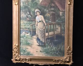 19th C Framed Print of a maiden and cottage. Incredible old frame