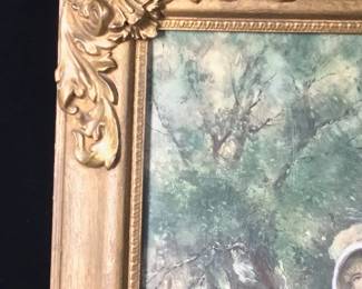 19th C Framed Print of a maiden and cottage. Incredible old frame