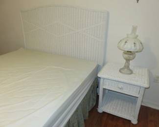 Queen Size White Wicker Headboard & Night Stand