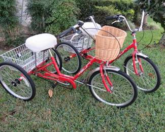 Pair of Red Adult Miami Sun Three Wheel Bicycles