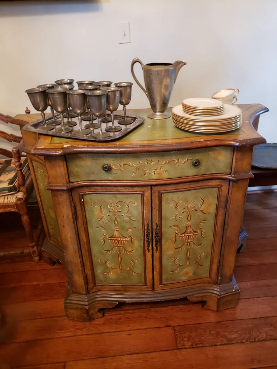SERVER WITH PEWTER GOBLETS, PITCHER & CHINA