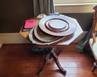 TABLE AND WOODEN AND BRASS PLATTERS