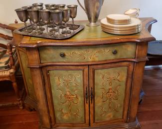 SERVER WITH PEWTER GOBLETS, PITCHER & CHINA