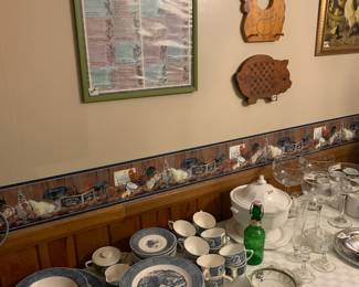 Currier and Ives dishes - plates, bowls, cups and saucers; creamer and sugar; platter and vegetable bowl 