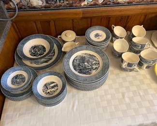 Royal China Currier & Ives dishes (big set of them) - includes Dinner and salad plates, bowls, cups and saucers, platter and vegetable bowl, creamer and sugar