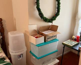 Storage tubs; and Christmas decor