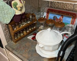 Roosters, spice rack, Pfatzgraff Heritage soup tureen and plate