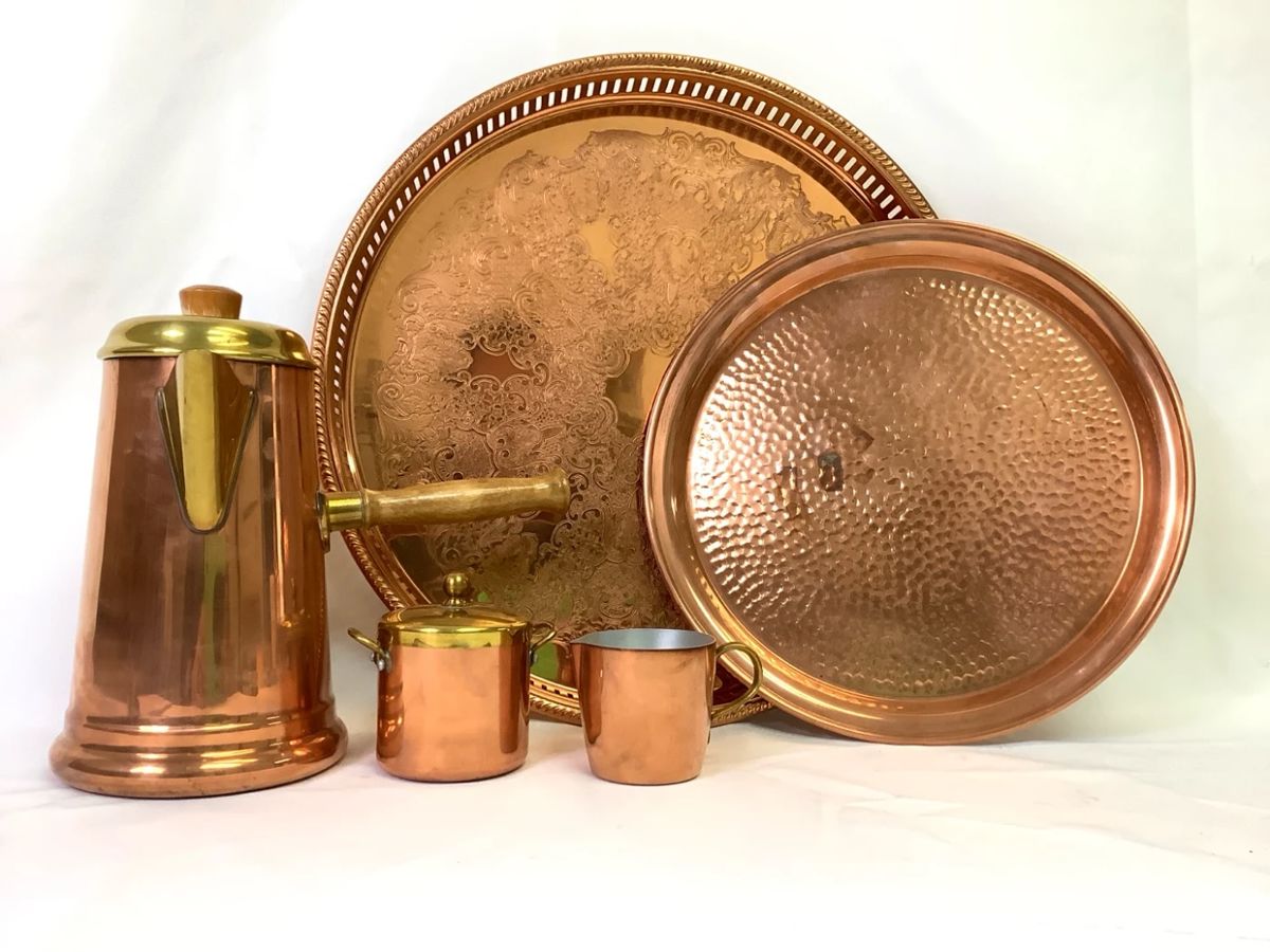 JOSW201 Fine Copper Collection Coppercraft Guild,15in solid copper round serving tray. Hammered serving tray, French chocolate copper pot with accessories, made in France
