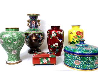 JOSW965 Vintage Asian Cloisonn Collection Round enamel Chinese cloisonné lidded dish with water lily motif. Dragon vase motif vase with dragon handles on neck. Canary yellow chrysanthemum flowered Japaneese wire cloisonné vase. Pigeon blood red Japaneese cherry blossom vase. Small Chinese hinged trinket box. Green and white enamel vase.