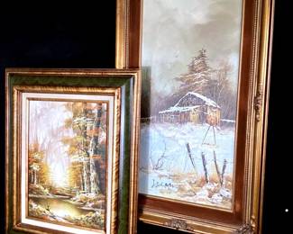 JSHI917 Vintage Artistic Interiors, Oil Paintings Circa 1970 wooden easel attatched to oil painting - unknown signature. Schiller oil painting, autumn woodland stream landscape in wooden frame