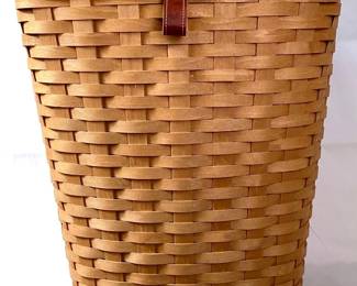 JOSW959 Longaberger XLarge Hamper Waste Basket Double lid with removable Longaberger plastic liner, tilted lid, 2010, leather front strap.