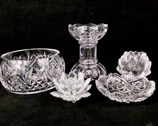 BEEM926 Waterford, Orrefors, Swarovski Crystal More Bohemia, Czech Republic lead cryastal candle holder. L.E. Smith Glass Co. cut glass candy dish circa 1940's. Swarovski candle holder. Orrefors, Sweden candle holder, Waterford bowl.
