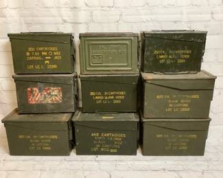 JSHI226 Ammo Boxes 9 different size ammo boxes. One of the ammo boxes has some gun cleaning supplies. Some have a little bit of rust.