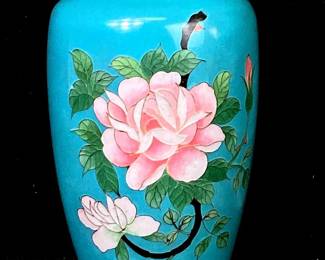JOSW963 Vintage Kagi Shoten Cloisonn Vase Japaneese silver wire vase c. 1945-1950 with rose flower depiction.