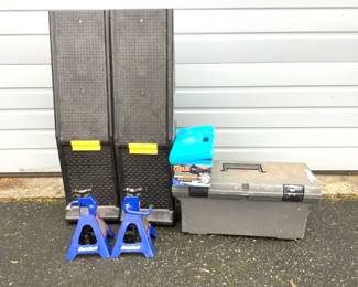ARKA233 Car Jacks, Ramps More Duralast car jacks that can hold up to 2 tons. Magnum car ramps that do separate. 1 pair of car tire cables. Rubbermaid tool box with tools.