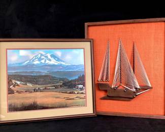JETH922 MidCentury Vintage Art Mid-Century 3D framed art sailboat with and string on orange burlap background. Framed print of Mt Rainier, "Pond Creek" dated 4/12/83 signed by Paul Chalk numbered 153/3000.