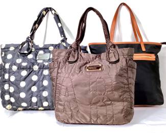 JOSW905 Michael Kors Marc Jacobs Trio Marc Jacob's black & white polka dot quilted laptop bag - missing original shoulder strap. Marc Jacob's brown Standard Supply large nylon letter tote/shoulder bag. Michael Kors black nylon Kempton tote.