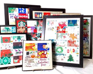 JOSW907 Framed Starbucks Gift Card Collection 9 black frames full of Starbucks gift cards. Cards have NO dollar amounts on them. They were purchased for collection.