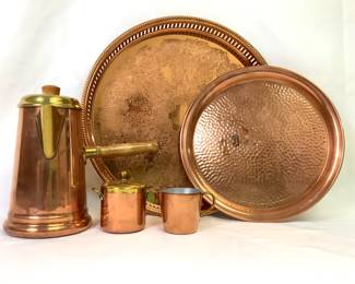 JOSW201 Fine Copper Collection Coppercraft Guild,15in solid copper round serving tray. Hammered serving tray, French chocolate copper pot with accessories, made in France