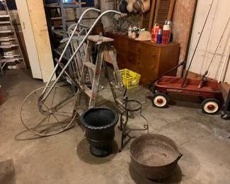 Olathe Firestone Cruiser red wagon, iron kettle, and much more