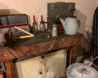 Olathe workbench, oil cans, misc