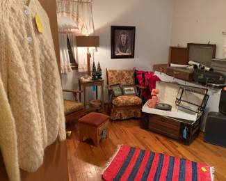 olathe vintage furniture, mid century lamp, trunks, clothing, misc