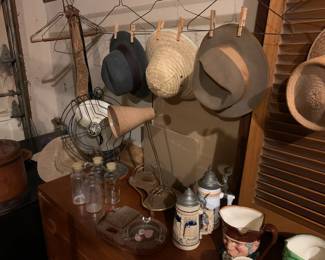 Olathe vintage hats, metal fan, cool desk lamp
