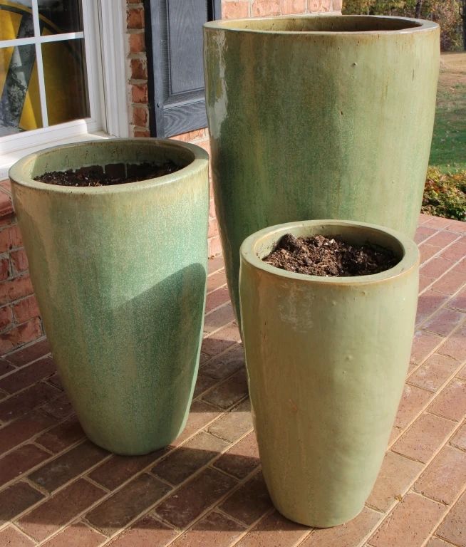 1 - 3pc Pottery Planter Set Heights are 38, 27, 23 inches