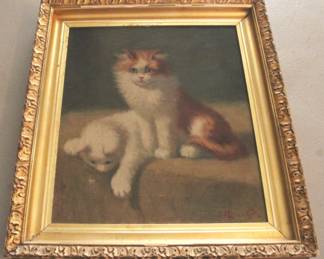 801 - Signed Oil on Canvas (Cats) 16 x 18 Inches
