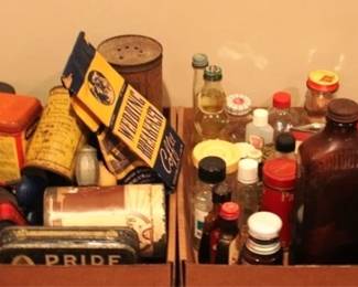 556 - 2 Tray Lot of Assorted Items Bottles and Tins

