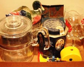 544 - Tray Lot of Assorted Items Glass Percolator, Duck Planter
