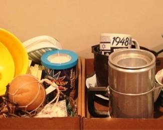 551 - 2 Trays of Assorted Items Syrup Pitcher w/Spools, Pitcher, Yellow Juicer
