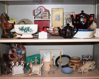 477 - 2 Shelves of Assorted Items Vase, Teapot, Candlesticks
