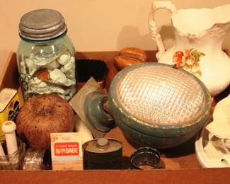 573 - Tray of Assorted Items Pitcher, Light, Mason Jar
