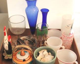 789 - Tray Lot Assorted Items Blue Vases, Tumblers, Creamer
