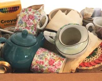 788 - Tray Lot Assorted Items Teapot, Crayons, Creamer
