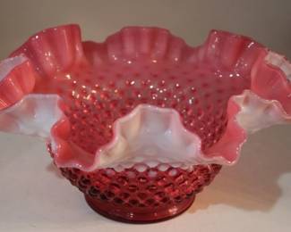770 - Fenton opalescent cranberry hobnail bowl 5"
