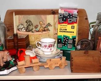 492 - Shelf Lot Assorted Items Crayons, Sewing Spools, Cup & Saucer
