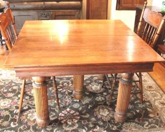 890 - Square oak 5 leg dining table with 2 chairs Table 30 x 45 x 45 Inches Chairs 35 x 16 x 16 Inches
