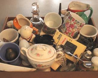 808 - Tray Lot of Assorted Items Mugs, Cruet, S&P etc.
