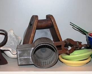 479 - Shelf Lot of Assorted Items Bowls, Horse Stirrup
