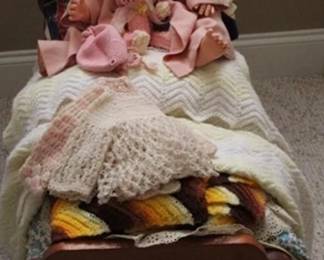 290 - Wood Doll Bed w/ Doll & Blankets 18 x 30.5 x 15.5

