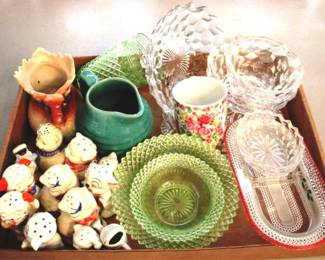 823 - Tray Lot of Assorted Items Shakers, Pitcher, Miss America etc.
